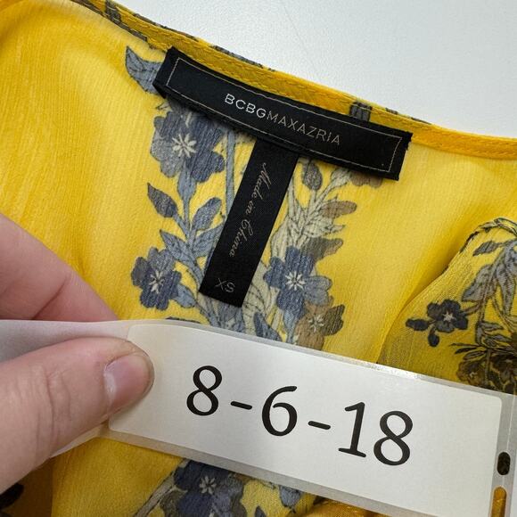 BCBGMaxAzria Dress Womens X Small Marigold Yellow Blue Floral Cold Shoulder Mini - Picture 7 of 12